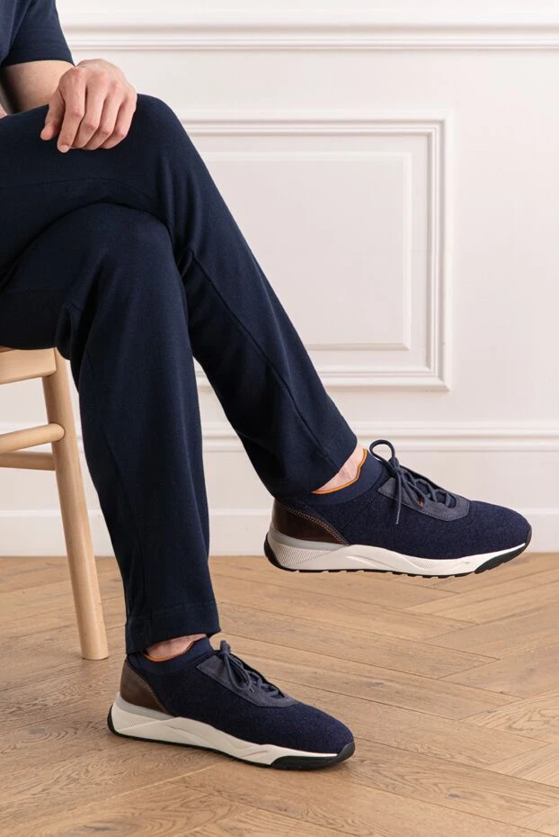 Santoni men's blue sneakers made of elastic jersey with a white sole 191289 - photo 2