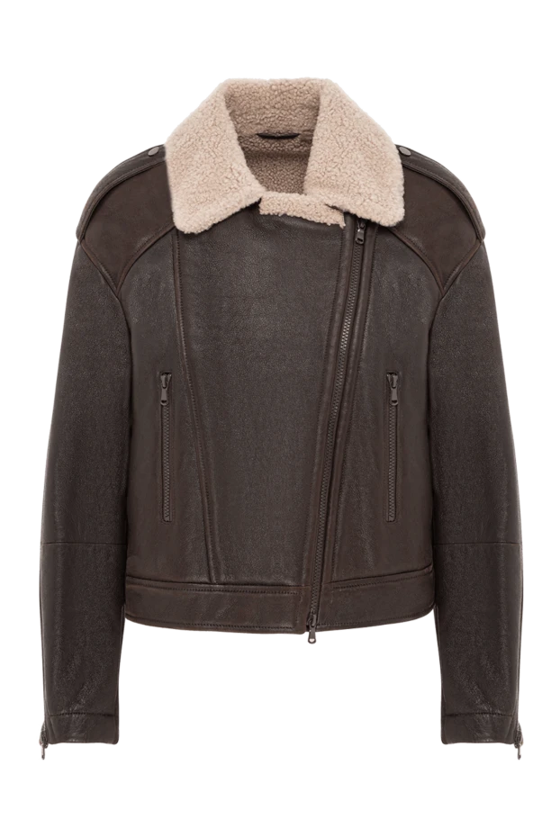 Brown leather biker jacket with sheepskin collar - photo 1