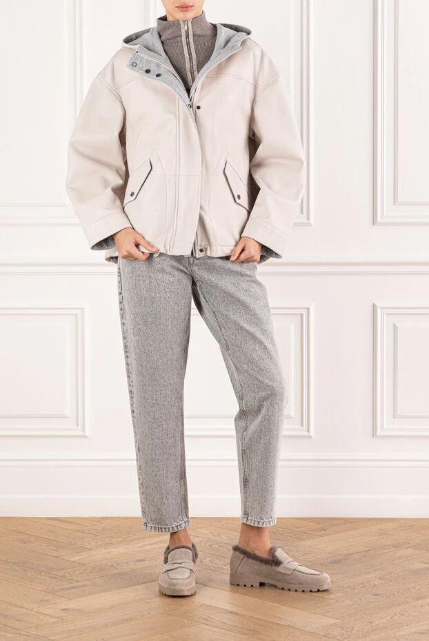 Brunello Cucinelli шкіряна куртка з капюшоном молочного відтінку 191315 - фото 2