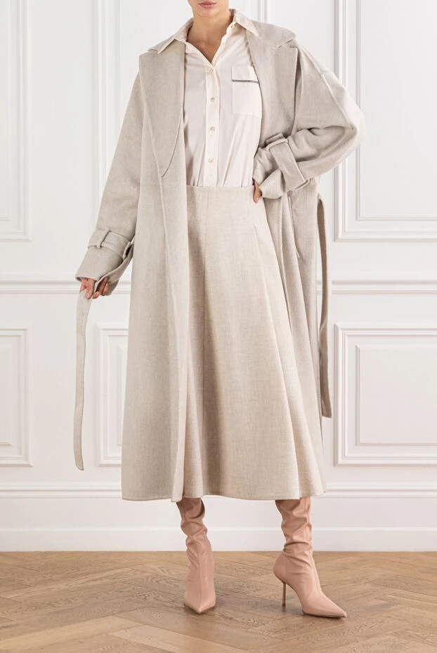 Brunello Cucinelli кашемірове бежеве пальто з широкими лацканами та поясом 191319 - фото 2