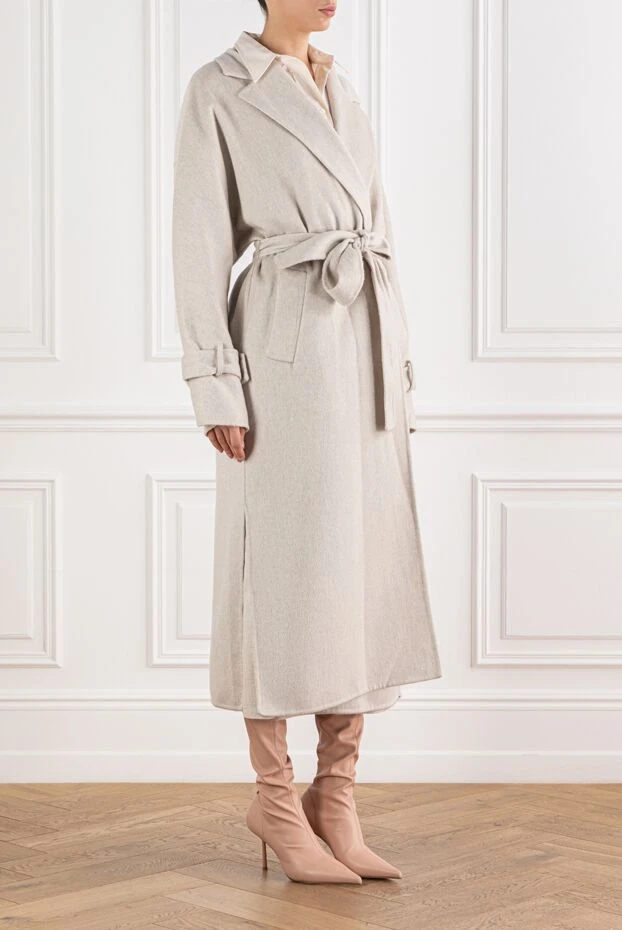 Brunello Cucinelli кашемірове бежеве пальто з широкими лацканами та поясом 191319 - фото 3