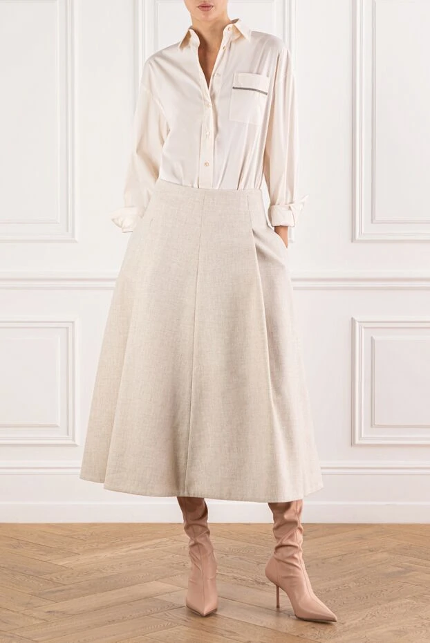 Brunello Cucinelli розкльошена спідниця міді з вовни та кашеміру бежевого кольору 191330 - фото 2