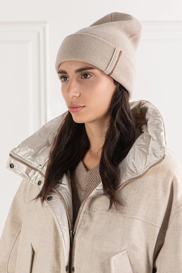 Brunello Cucinelli кашемірова шапка біні у спокійному пастельному кольорі 191352 - фото 2