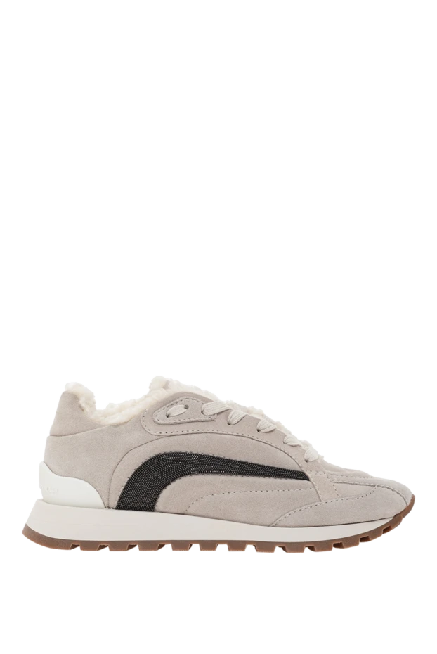 Кросівки зі світлої замші з контрастною вставкою та хутряною підкладкою - фото 1