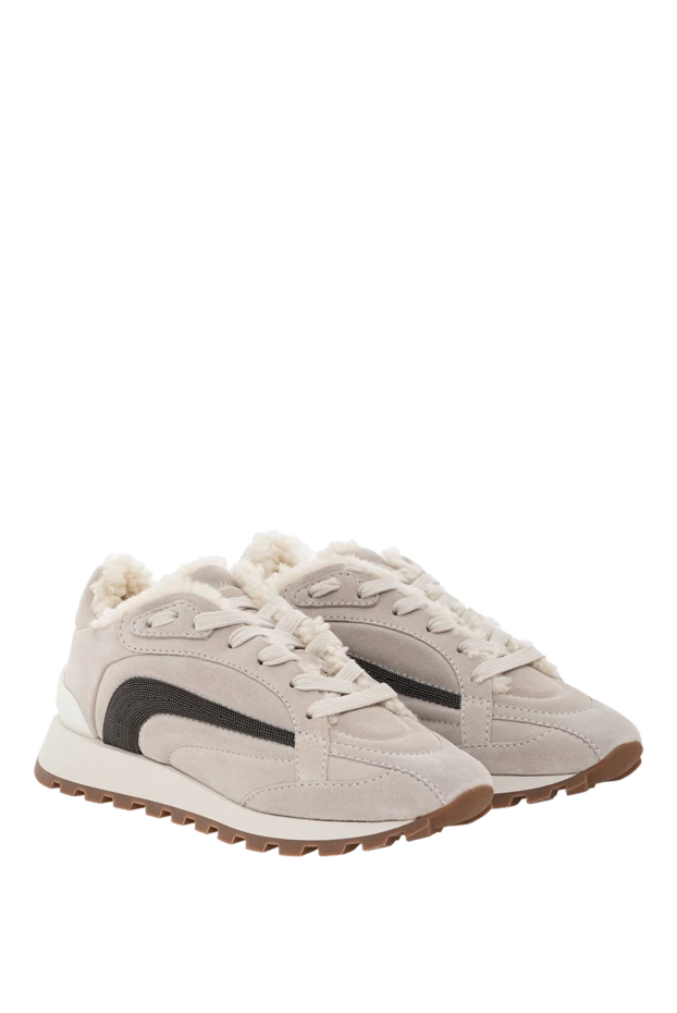 Brunello Cucinelli кросівки зі світлої замші з контрастною вставкою та хутряною підкладкою 191354 - фото 3