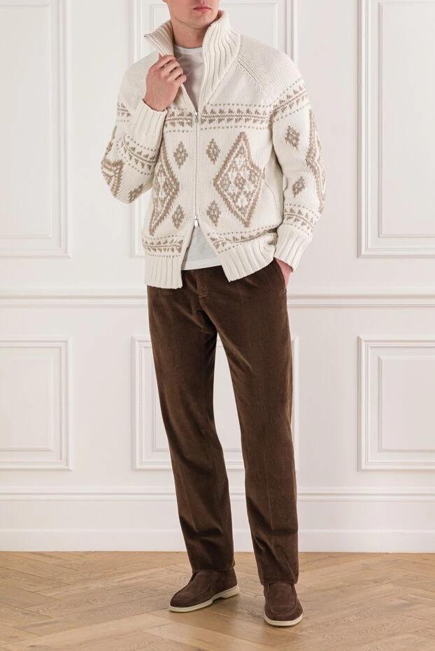 Brunello Cucinelli cream cashmere geometric jacquard zip-up cardigan 191420 - photo 2