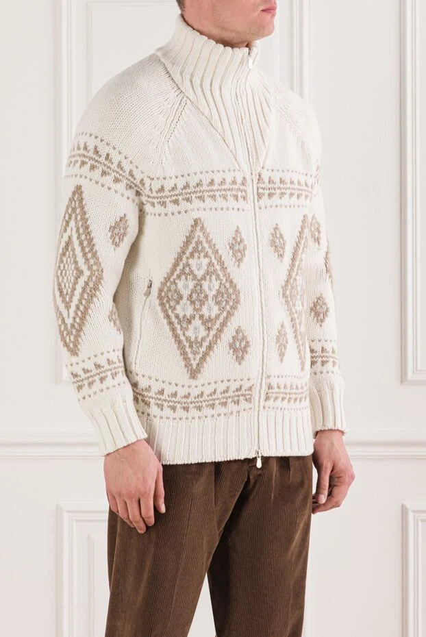 Brunello Cucinelli cream cashmere geometric jacquard zip-up cardigan 191420 - photo 3