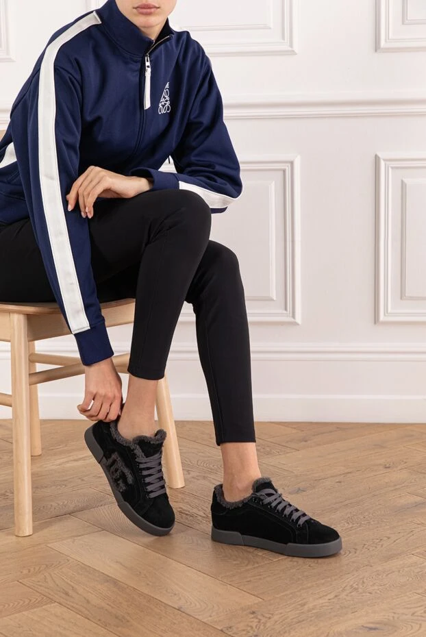 Dolce & Gabbana снікери portofino light з телячої шкіри та овчини чорні 191698 - фото 2