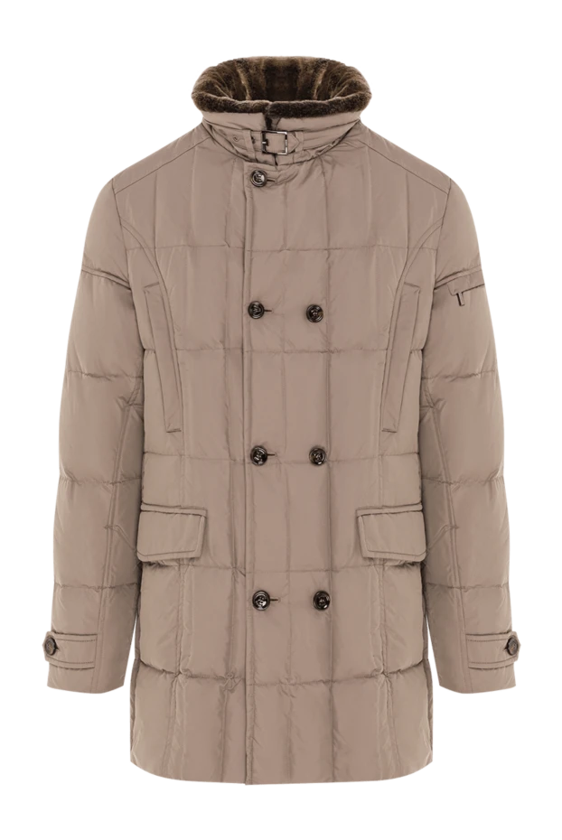 Бежевий чоловічий пуховик з коміром-стійкою та обробкою з хутра - фото 1