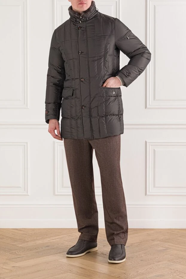Moorer men's gray down jacket with a stand-up collar and fur trim 192357 - photo 2