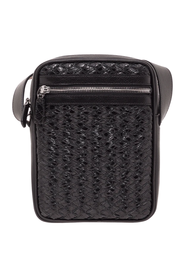 Мужская сумка-мессенджер через плече из черной плетеной кожи - фото 1