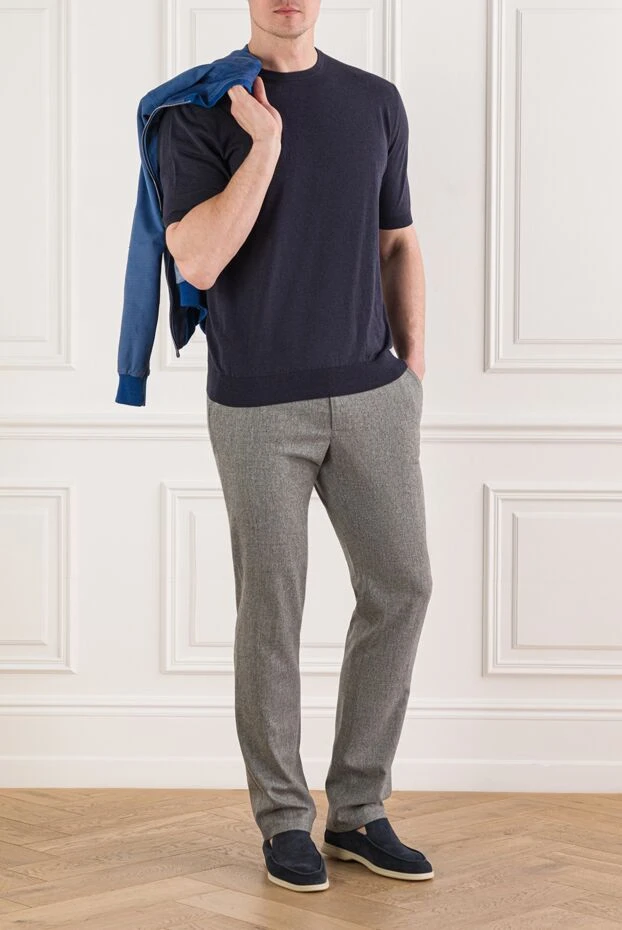 Cesare di Napoli чоловічий джемпер із коротким рукавом із синього бавовняного меланжу. 192440 - фото 2