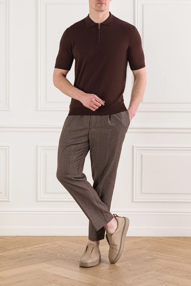 Cesare di Napoli чоловіча коричнева сорочка поло з бавовни на блискавці 192461 - фото 2