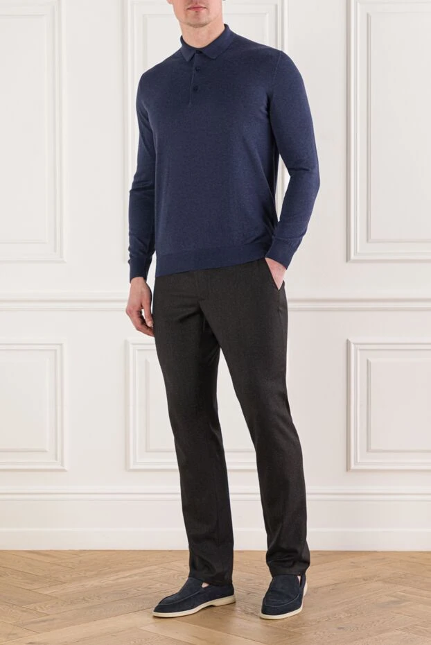 Cesare di Napoli long sleeve cotton jersey polo shirt in blue 192482 - photo 2