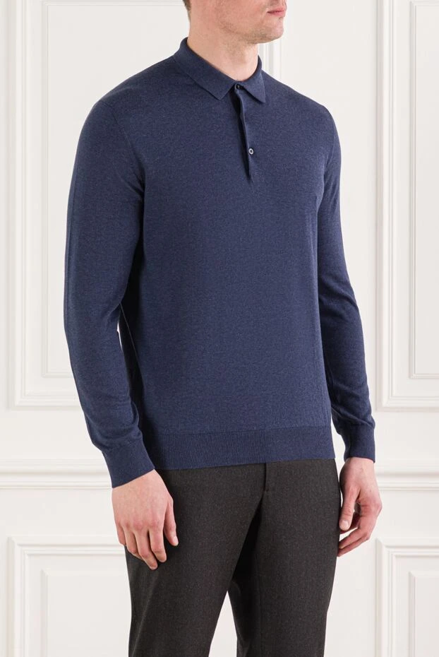 Cesare di Napoli long sleeve cotton jersey polo shirt in blue 192482 - photo 3