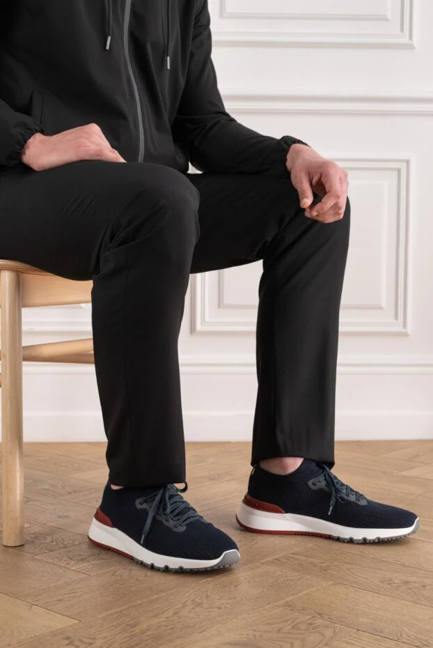 Brunello Cucinelli men's dark blue knit sneakers with a leather heel insert 192643 - photo 2