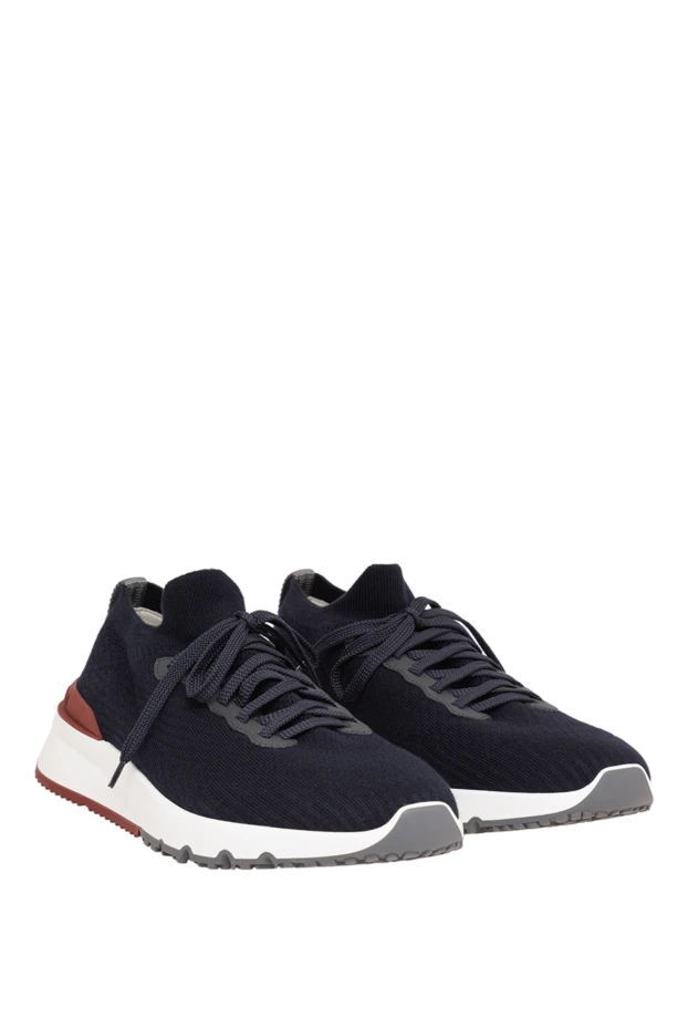 Brunello Cucinelli men's dark blue knit sneakers with a leather heel insert 192643 - photo 3