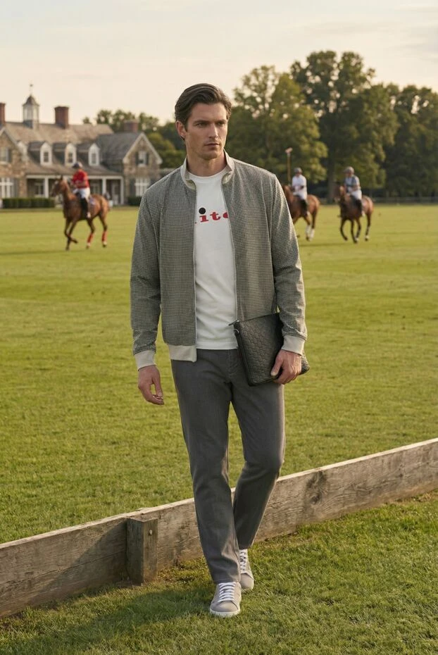 Kiton grey and white cotton bomber jacket with a small check pattern 192811 - photo 2