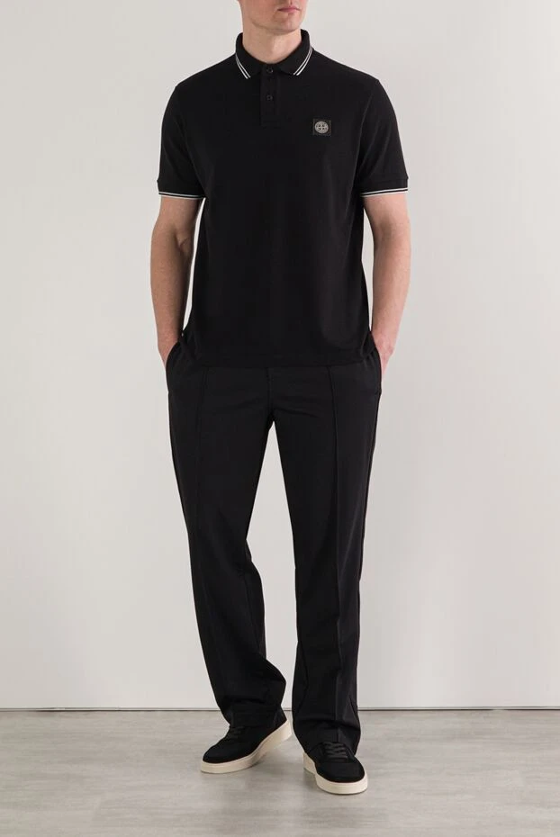 Stone Island black cotton polo shirt with ribbed collar and contrast trim 192924 - photo 2