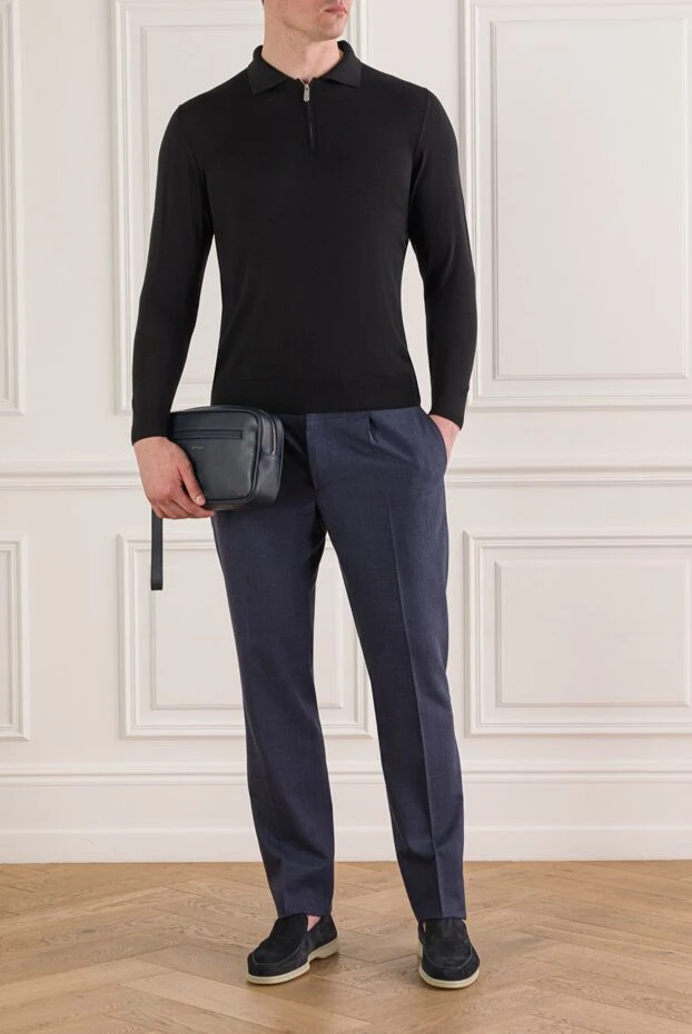 Men's long sleeve polo shirt in black wool - photo 2