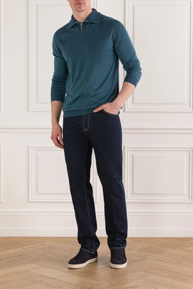 Svevo зелений троєр з коміром на блискавці з кашеміру та шовку 193064 - фото 2