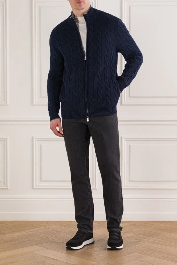 Gran Sasso синій чоловічий кардиган на блискавці з м'якого кашеміру 193071 - фото 2