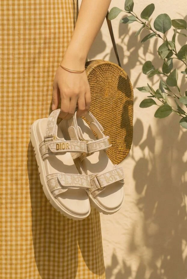 Dior жіночі сандалі dioract з бежевого жаккарда з металізованою ниткою 193302 - фото 2