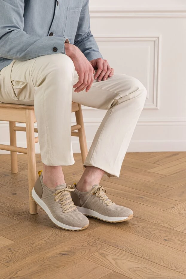 Doucal`s beige textile sneakers with leather trim 193464 - photo 3