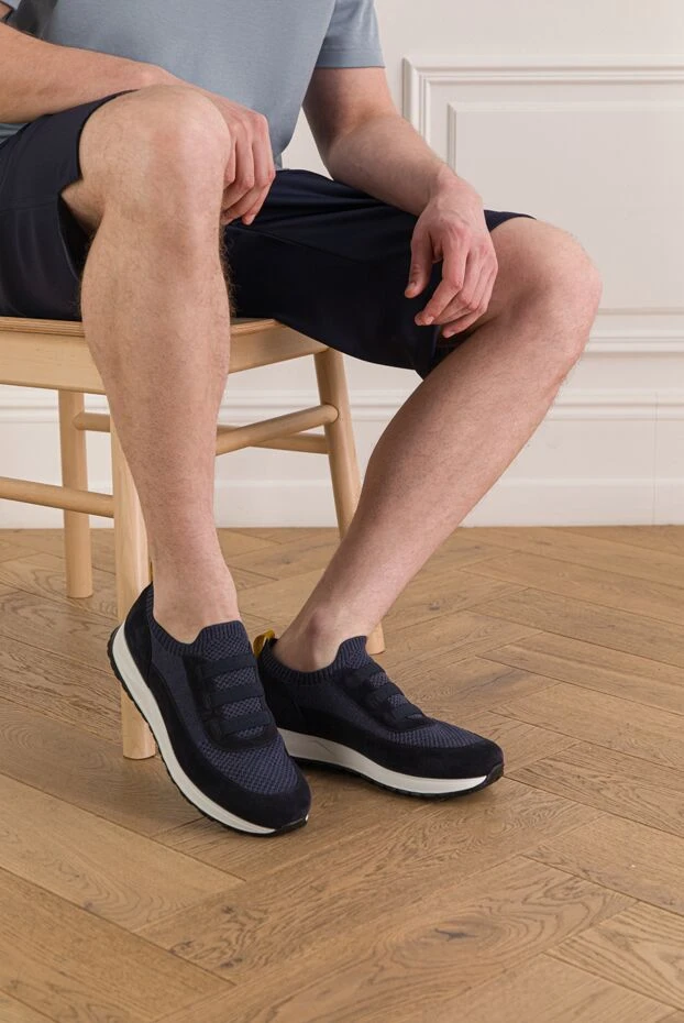 Doucal`s blue men's sneakers made of knit fabric and suede 193473 - photo 2