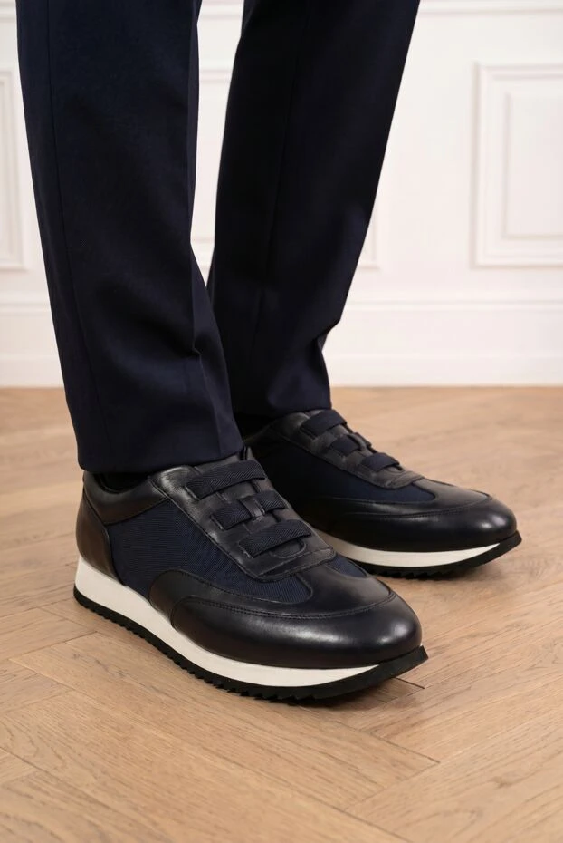 Doucal`s men's dark blue sneakers made of smooth leather and textile 193474 - photo 2