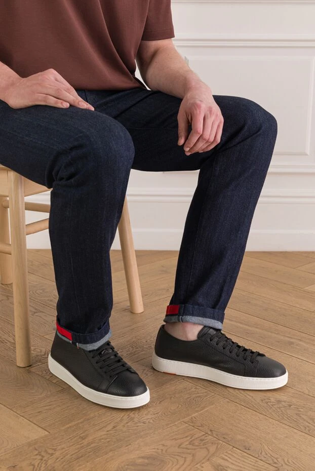 Santoni men's sneakers made of black genuine leather with a white sole 193504 - photo 2