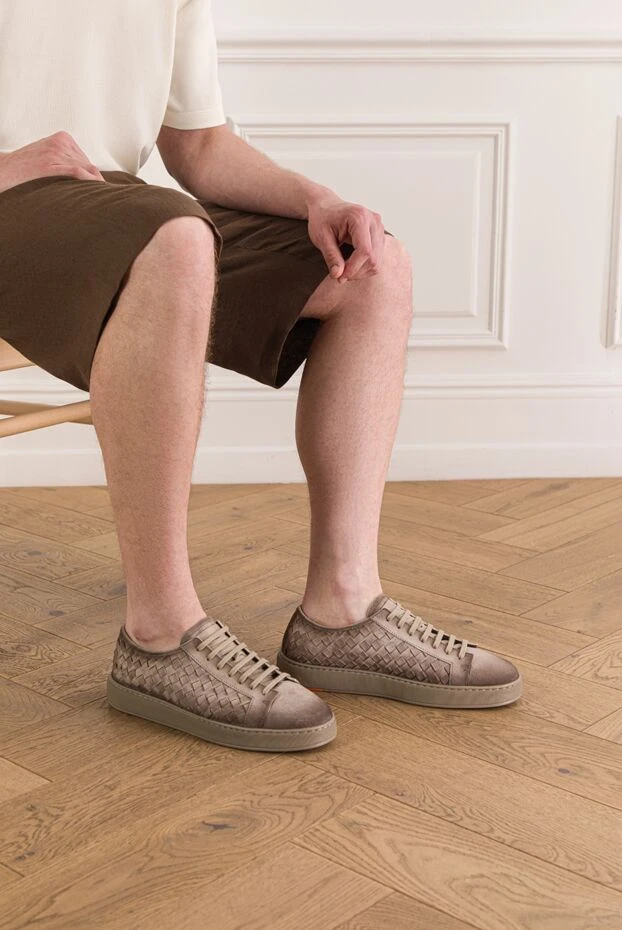 Santoni мужские плетеные замшевые сникеры бежевого цвета 193521 - фото 2