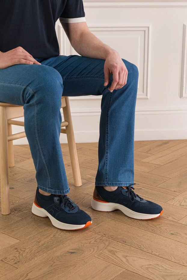 Santoni men's blue sneakers made of elastic knit with nubuck inserts 193523 - photo 3