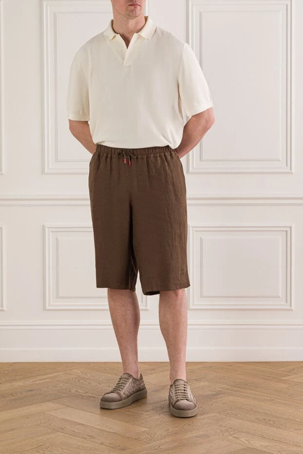 Kiton коричневые шорты бермуды из льна с эластичным поясом и кулиской 193542 - фото 2