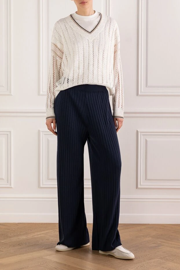 Brunello Cucinelli navy blue ribbed knit wide-leg trousers 193717 - photo 2