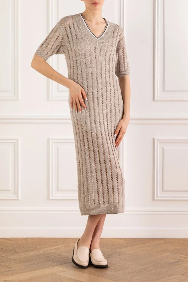 Brunello Cucinelli beige lace midi dress with striped linen trim 193762 - photo 2
