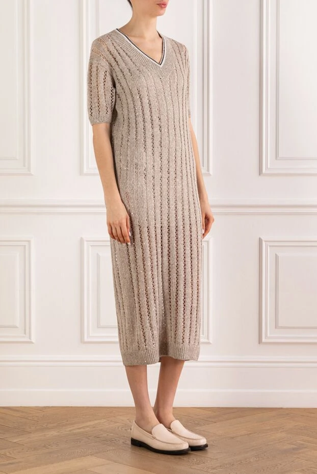 Brunello Cucinelli beige lace midi dress with striped linen trim 193762 - photo 3