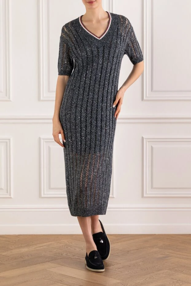 Brunello Cucinelli gray open knit linen dress with sequins 193763 - photo 2
