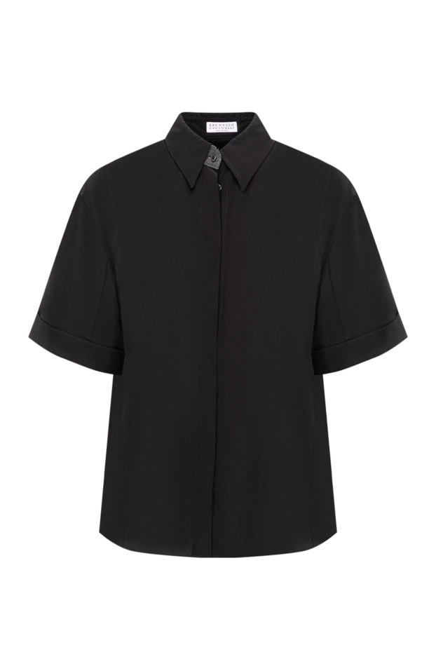 Black short-sleeved blouse with Monili embellishment on the collar - photo 1