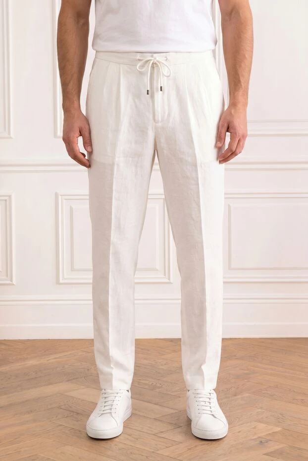 Brunello Cucinelli white men's linen drawstring trousers with darts 193982 - photo 3