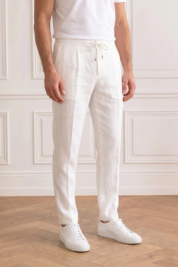 Brunello Cucinelli white men's linen drawstring trousers with darts 193982 - photo 2