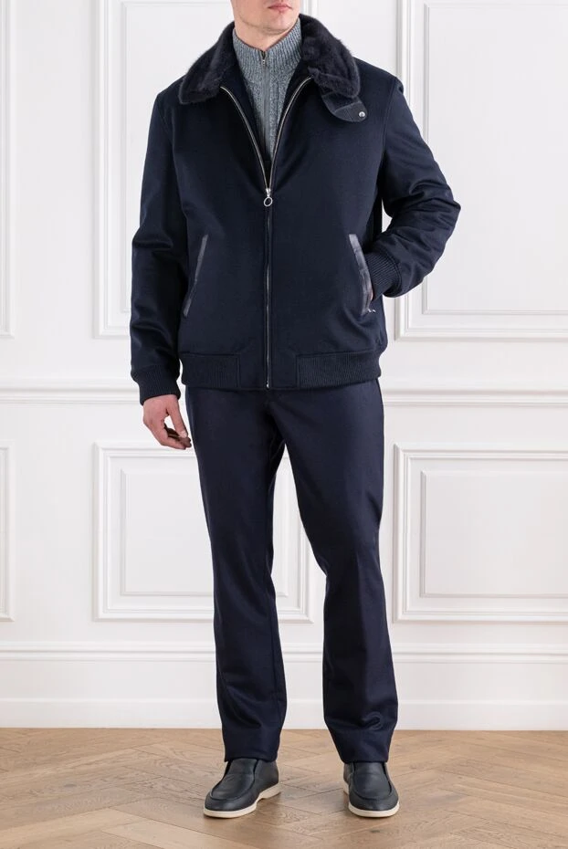 Seraphin blue cashmere bomber jacket with fur collar and crocodile skin inserts 194144 - photo 2