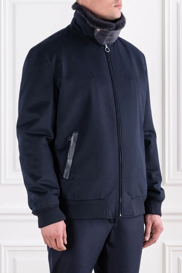 Seraphin blue cashmere bomber jacket with fur collar and crocodile skin inserts 194144 - photo 3