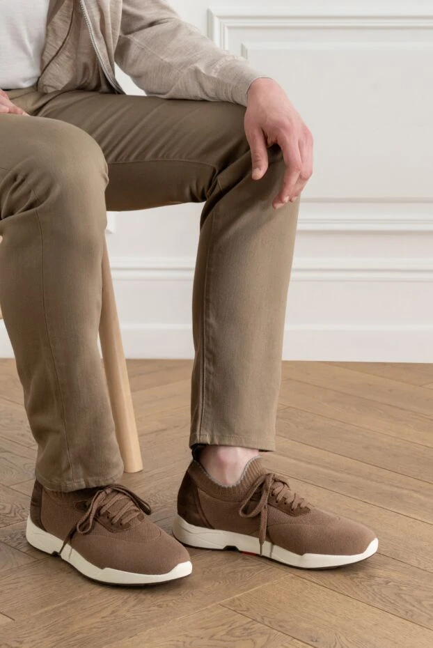 Men's textile sneakers with brown suede - photo 2