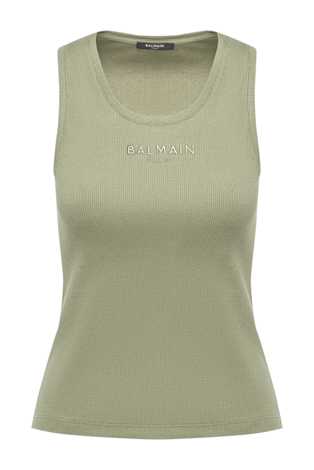 Balmain трикотажний жіночий топ-майка в дрібний рубчик оливкового кольору 194402 - фото 1