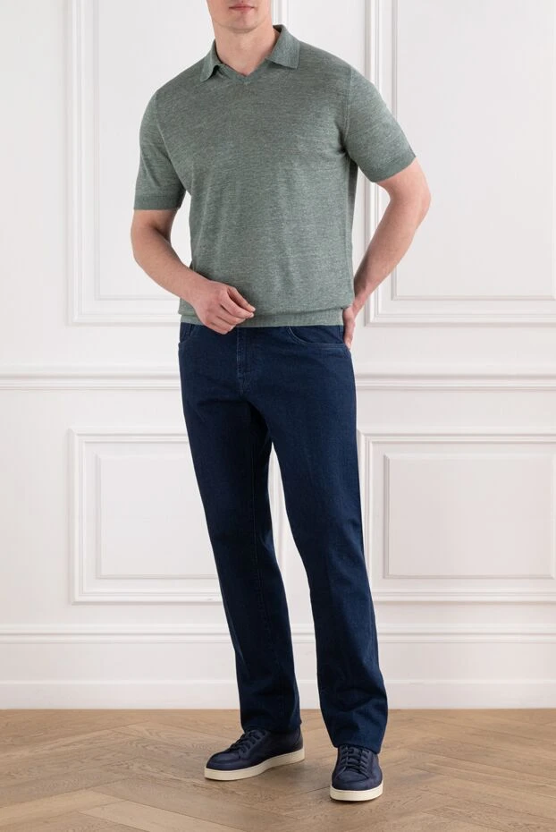 Cesare di Napoli sage green linen and cotton knit polo shirt with no buttons 194670 - photo 2
