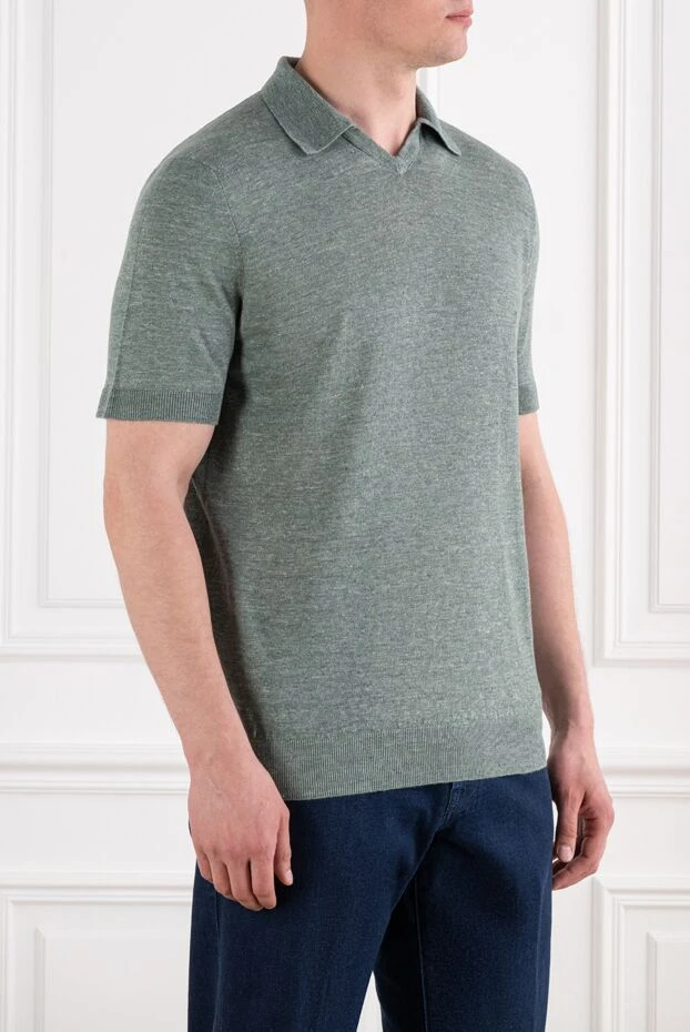 Cesare di Napoli sage green linen and cotton knit polo shirt with no buttons 194670 - photo 3