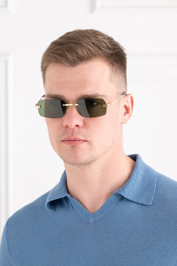 Gold frameless rectangular sunglasses with dark green lenses and textured temples - photo 2