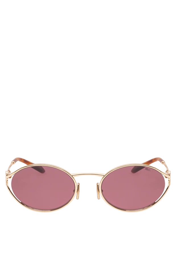 Miu Miu овальные золотистые очки с розовыми линзами и гофрированным логотипом 194837 - фото 1