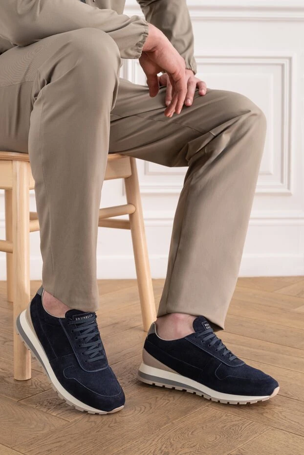 Brunello Cucinelli men's navy blue perforated suede runners 194953 - photo 3